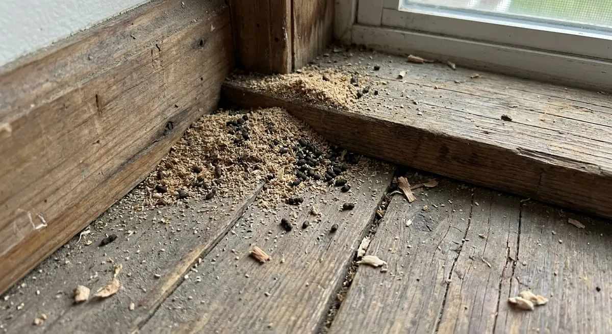 Accumulation de bran de scie (sciure de bois) typique d'un nid de fourmis charpentières