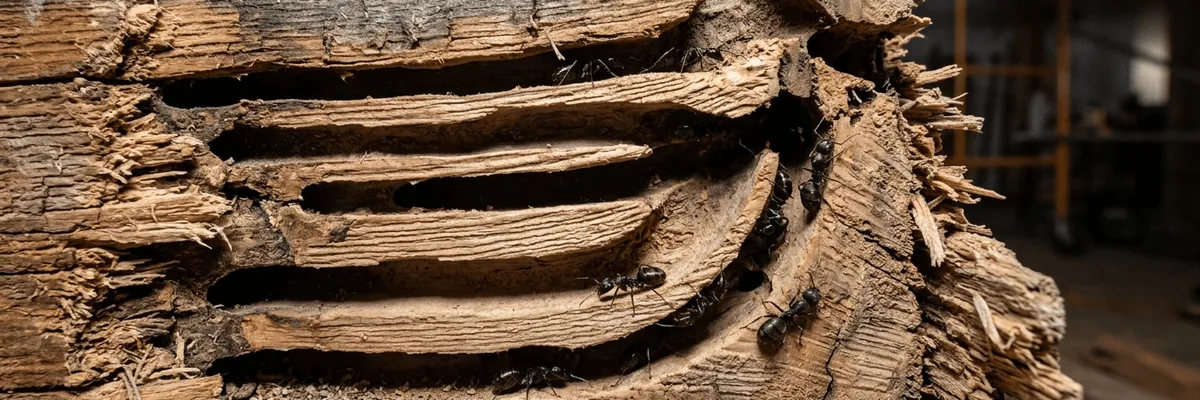 Dégâts structurels causés par des fourmis charpentières dans une poutre de bois.