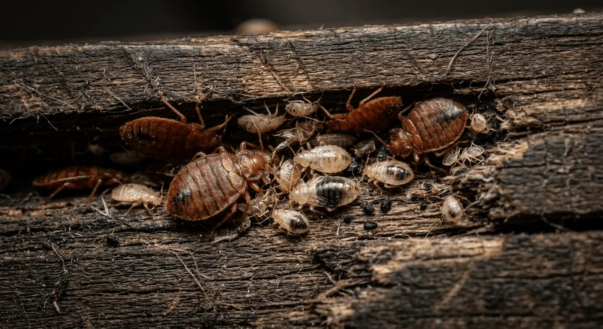 Groupe de punaises de lit dans leur cachette habituelle