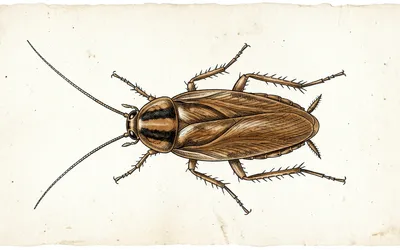 Illustration naturaliste vintage d'une coquerelle germanique, style scientifique 19ème siècle sur fond parchemin.