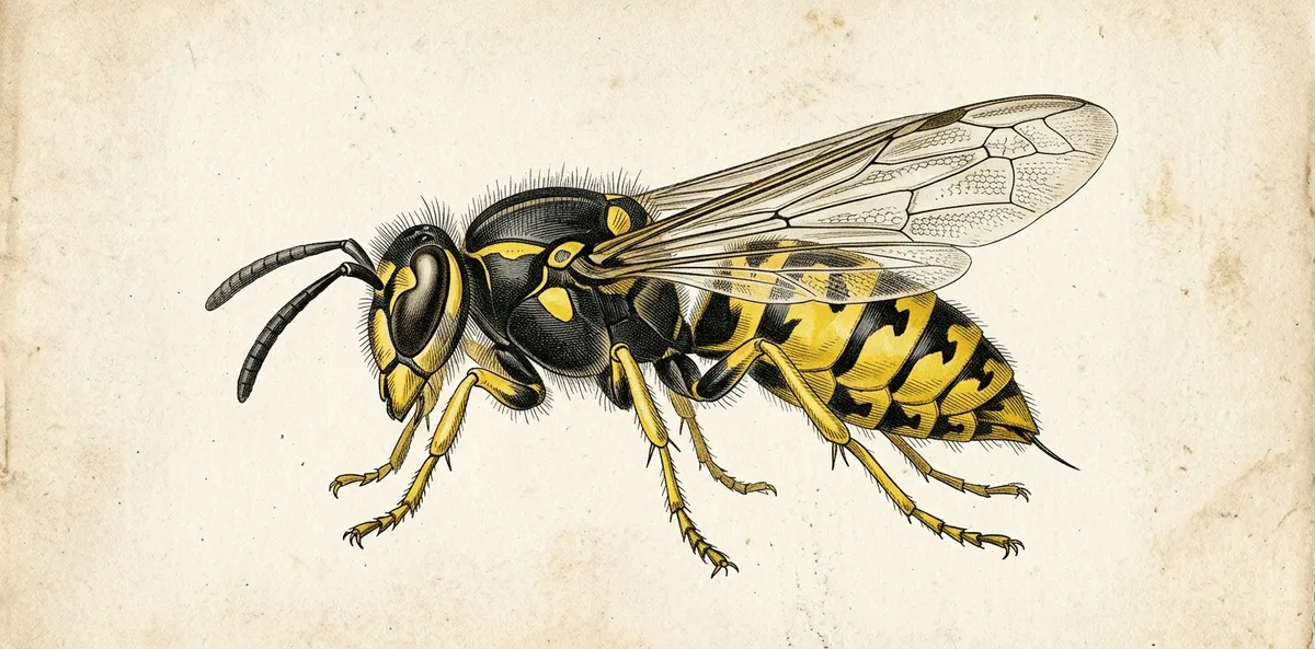 Illustration naturaliste vintage d'une guêpe commune jaune et noire, style scientifique 19ème siècle sur fond parchemin.