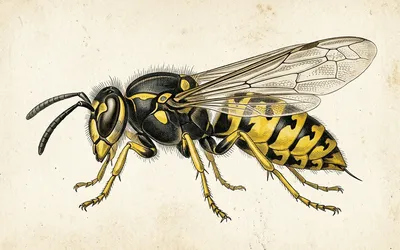 Illustration naturaliste vintage d'une guêpe commune jaune et noire, style scientifique 19ème siècle sur fond parchemin.