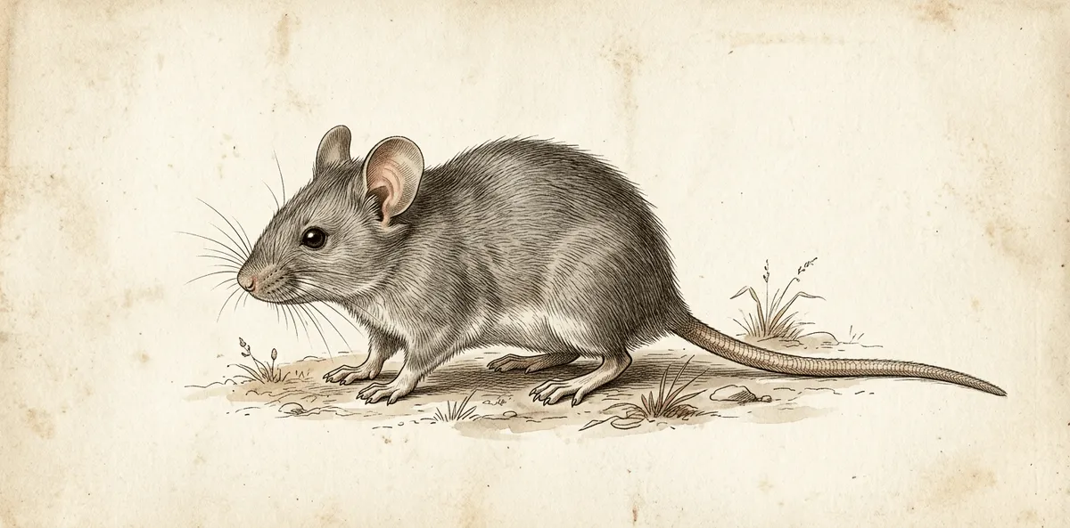 Illustration naturaliste vintage d'une petite souris grise, style scientifique 19ème siècle sur fond parchemin.