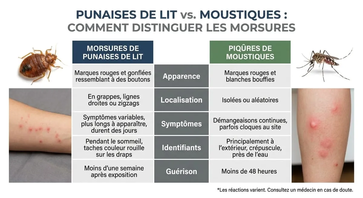 Infographie comparative : Piqûre de punaise de lit vs Piqûre de moustique
